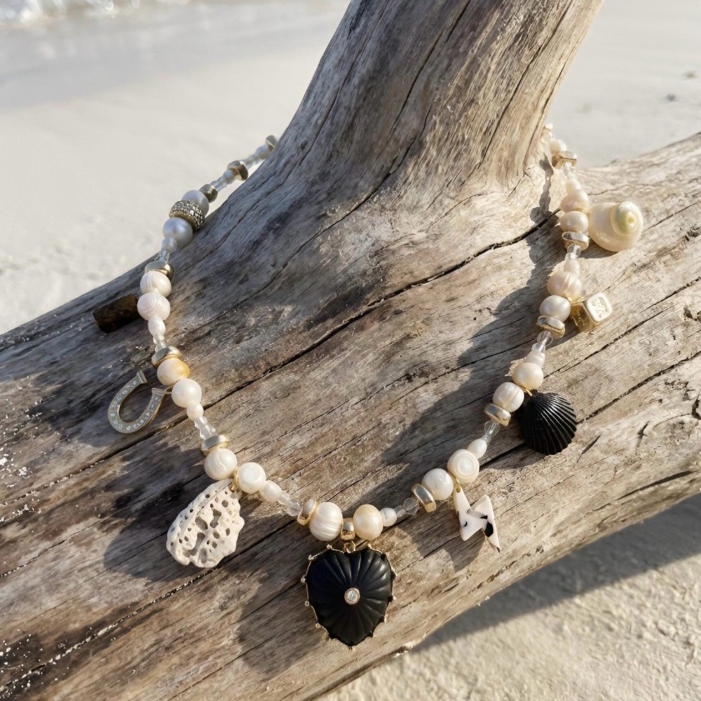 *NWT* OOAK Pearl Charm Necklace with Black Heart and Shell Accents